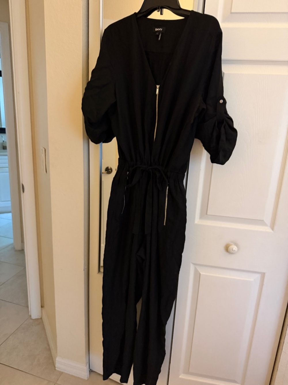 DKNY Black Zip-Front Drawstring Jumpsuit